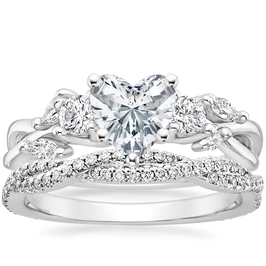 18K White Gold Three Stone Willow Diamond Ring (1/3 ct. tw.) with Petite Luxe Twisted Vine Diamond Ring (1/4 ct. tw.)