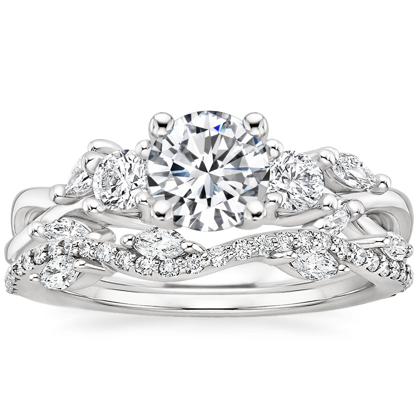18K White Gold Three Stone Willow Diamond Ring (1/3 ct. tw.) with Luxe Winding Willow Diamond Ring (1/4 ct. tw.)