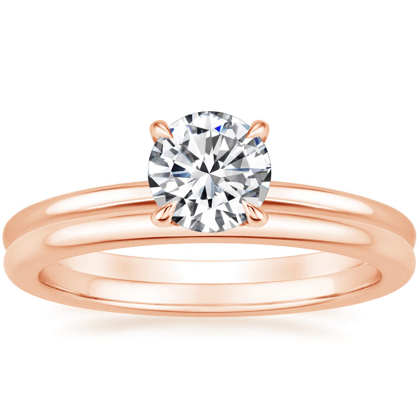 14K Rose Gold Flower Petal Diamond Ring with Petite Comfort Fit Wedding Ring