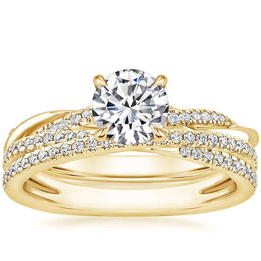 14K Yellow Gold Petite Twisted Vine Hidden Halo Diamond Ring with Calypso Diamond Ring