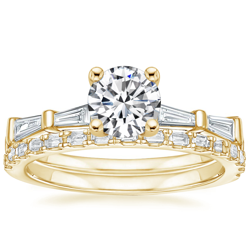 18K Yellow Gold Memoir Baguette Diamond Ring (1/2 ct. tw.) with Delicate Gemma Diamond Ring (1/6 ct. tw.)