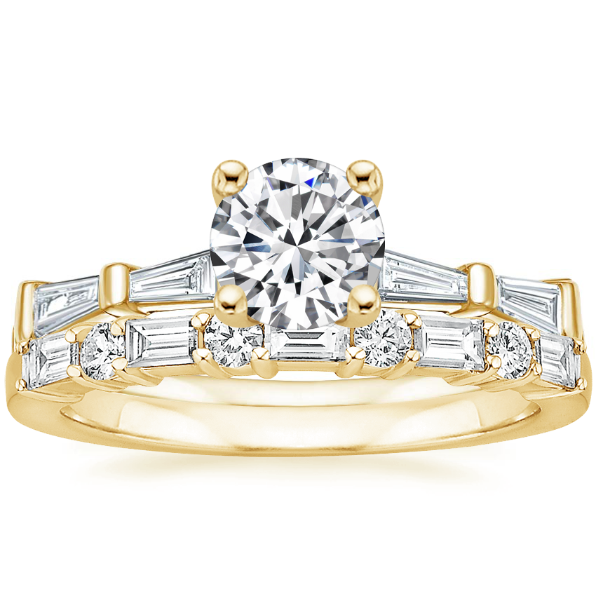 18K Yellow Gold Memoir Baguette Diamond Ring (1/2 ct. tw.) with Leona Diamond Ring (1/3 ct. tw.)