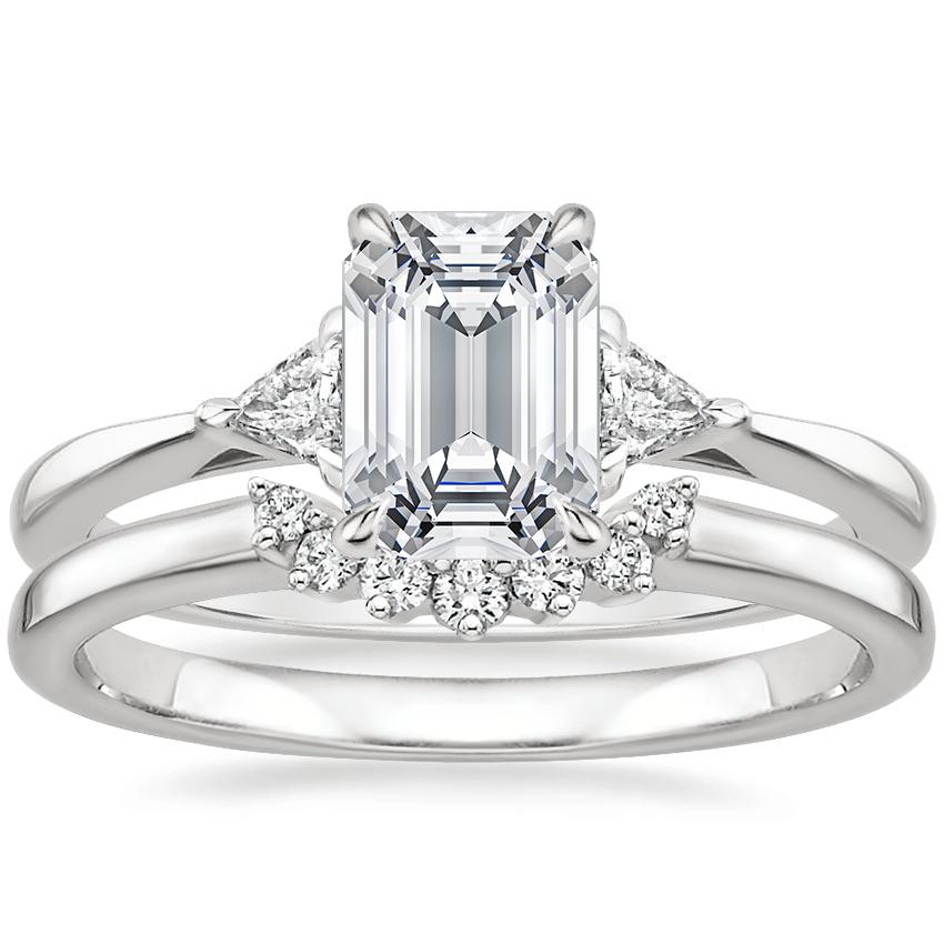 18K White Gold Trillion Three Stone Diamond Ring with Crescent Diamond Ring