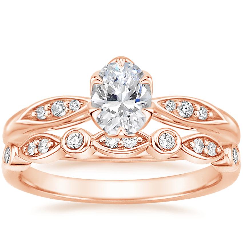14K Rose Gold Peony Diamond Ring with Coronet Diamond Ring