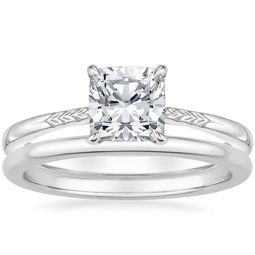 Platinum Laurel Engraved Ring with Petite Comfort Fit Wedding Ring