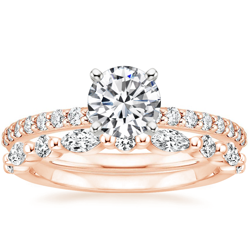 14K Rose Gold Petite Shared Prong Diamond Ring (1/4 ct. tw.) with Versailles Diamond Ring (3/8 ct. tw.)