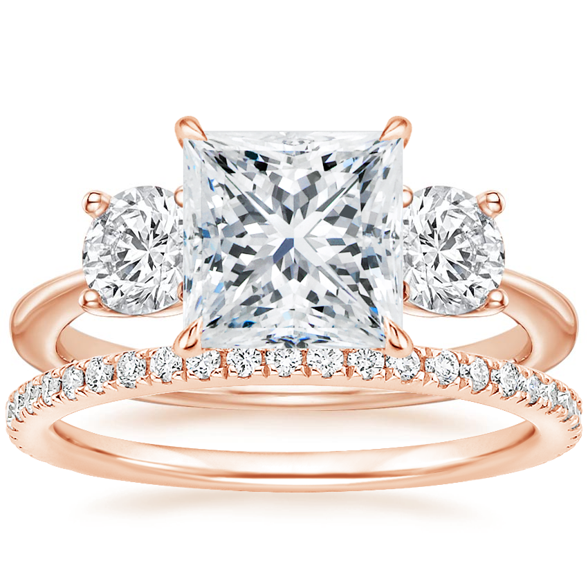 14K Rose Gold Luxe Selene Three Stone Diamond Ring (2/3 ct. tw.) with Luxe Ballad Diamond Ring (1/4 ct. tw.)