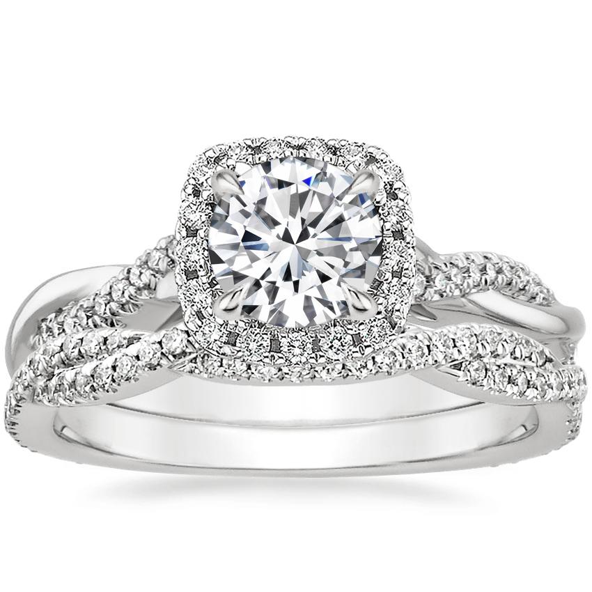18K White Gold Petite Twisted Vine Halo Diamond Ring (1/4 ct. tw.) with Petite Luxe Twisted Vine Diamond Ring
