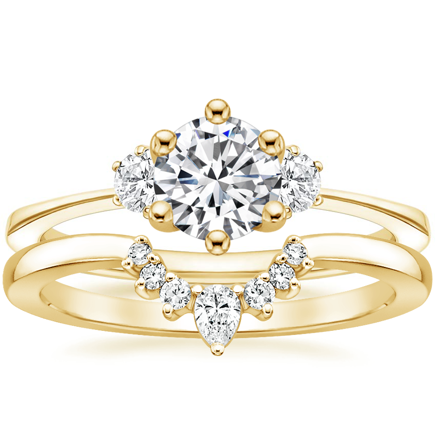 18K Yellow Gold Tallula Three Stone Diamond Ring with Lunette Diamond Ring