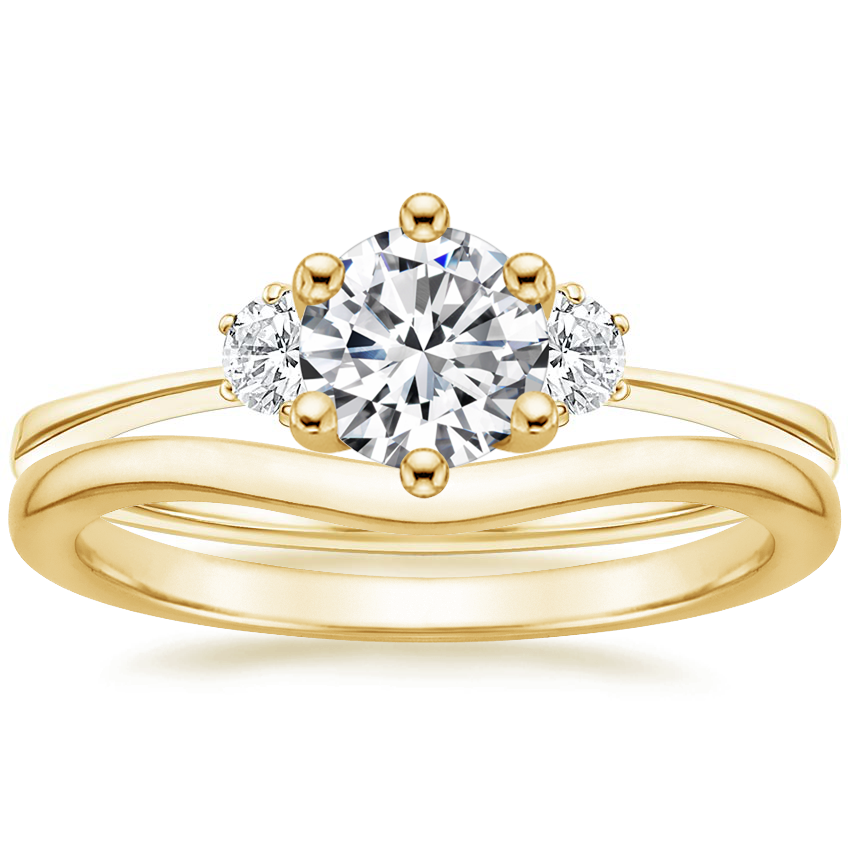 18K Yellow Gold Tallula Three Stone Diamond Ring with Petite Curved Wedding Ring