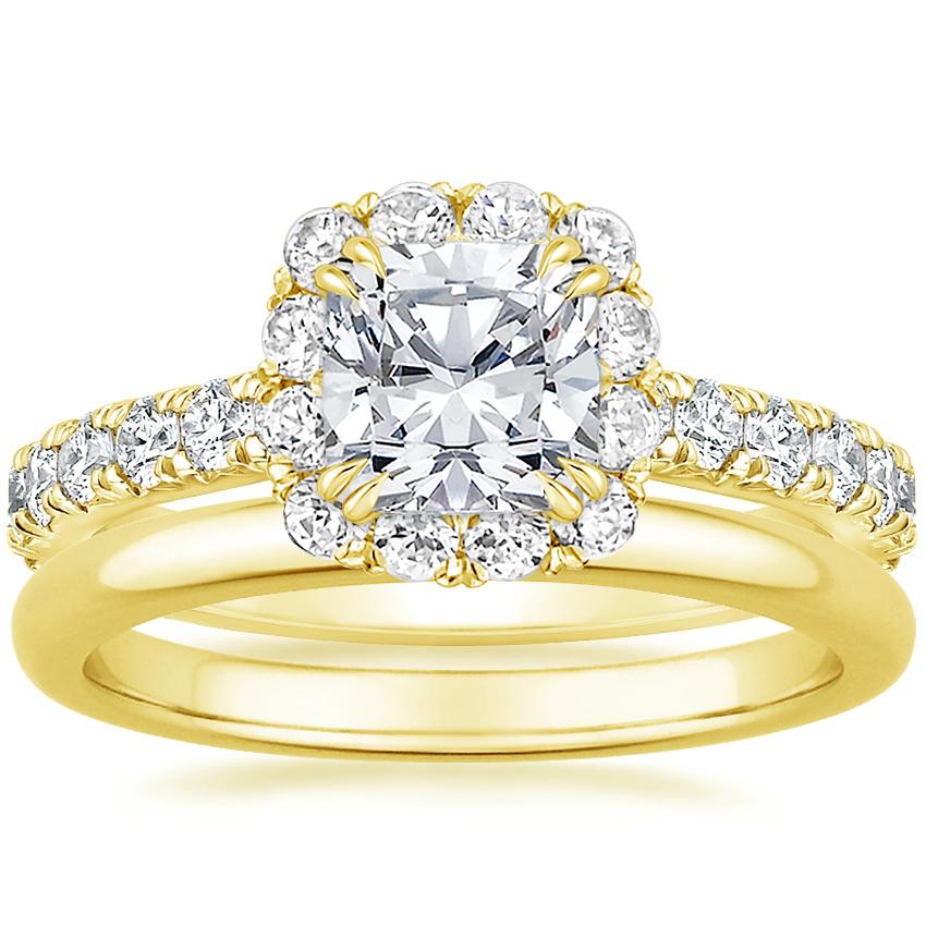 18K Yellow Gold Luxe Sienna Halo Diamond Ring (3/4 ct. tw.) with 2mm Comfort Fit Wedding Ring