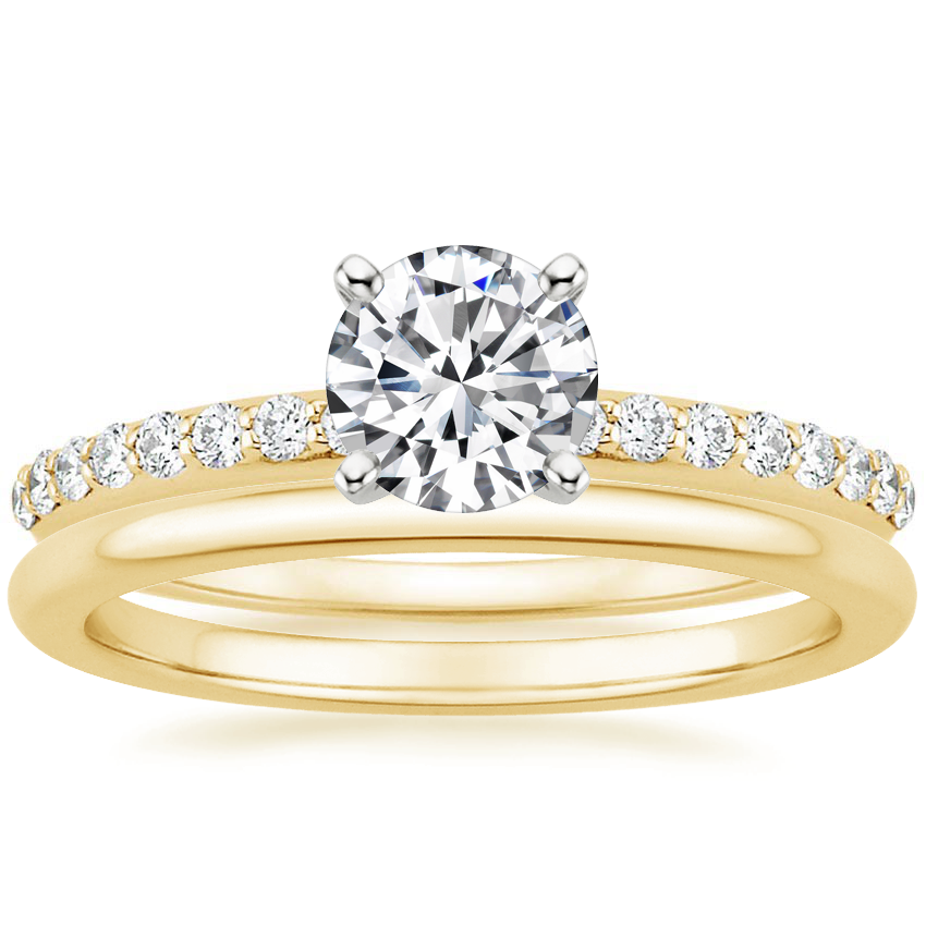 18K Yellow Gold Petite Shared Prong Diamond Ring (1/4 ct. tw.) with Petite Comfort Fit Wedding Ring