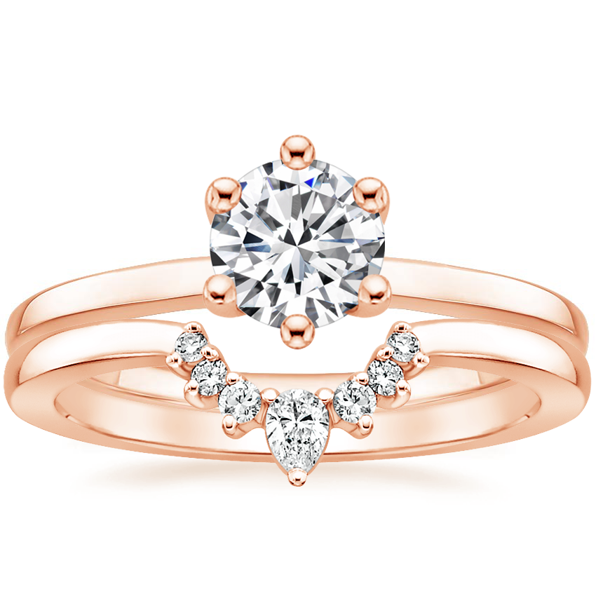 14K Rose Gold Six Prong Hidden Halo Diamond Ring with Lunette Diamond Ring