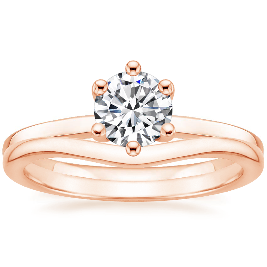 14K Rose Gold Six Prong Hidden Halo Diamond Ring with Petite Curved Wedding Ring