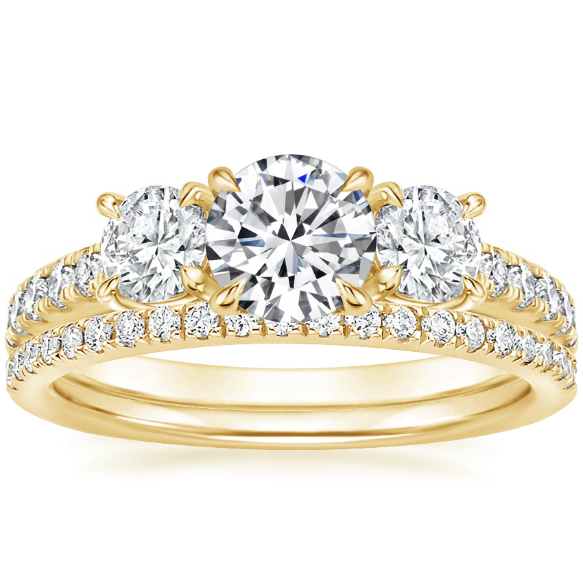 18K Yellow Gold Constance Three Stone Diamond Ring (3/4 ct. tw.) with Ballad Diamond Ring (1/6 ct. tw.)