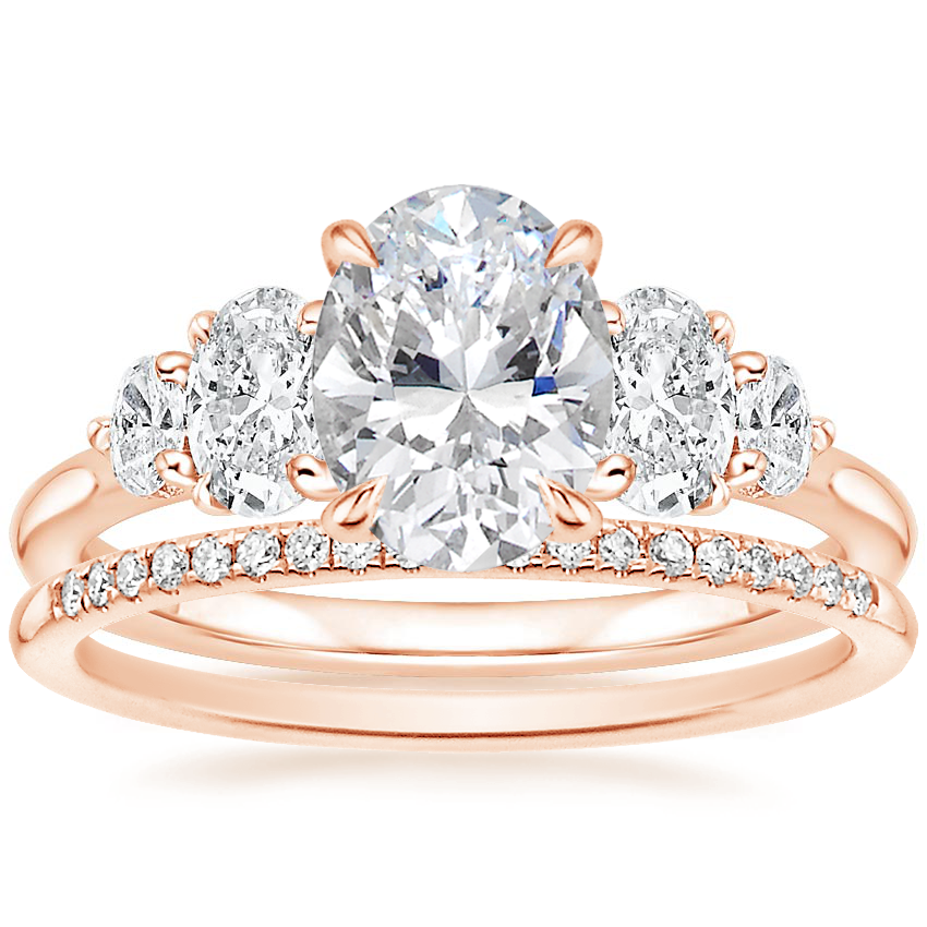 14K Rose Gold Oval Five Stone Diamond Ring (1 ct. tw.) with Whisper Diamond Ring (1/10 ct. tw.)