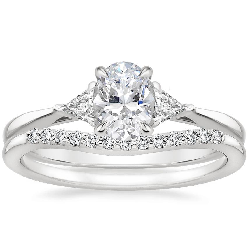 18K White Gold Trillion Three Stone Diamond Ring with Petite Curved Diamond Ring (1/10 ct. tw.)
