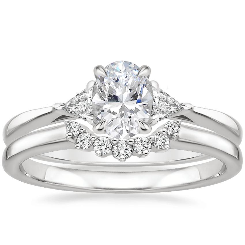 18K White Gold Trillion Three Stone Diamond Ring with Crescent Diamond Ring