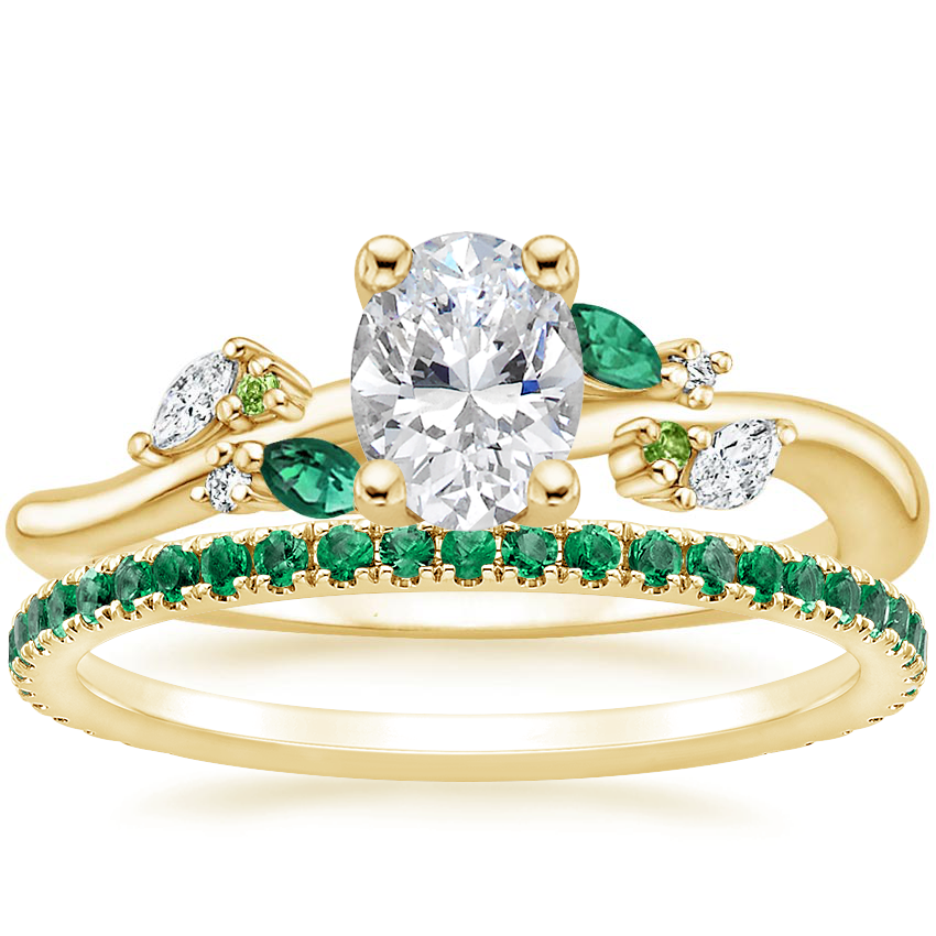 14K Yellow Gold Arden Diamond Ring with Lab Emerald Accents with Luxe Ballad Emerald Ring