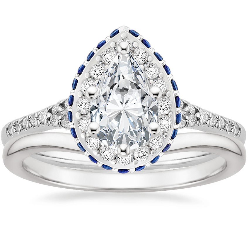 18K White Gold Circa Diamond Ring with Sapphire Accents (1/3 ct. tw.) with Petite Curved Wedding Ring