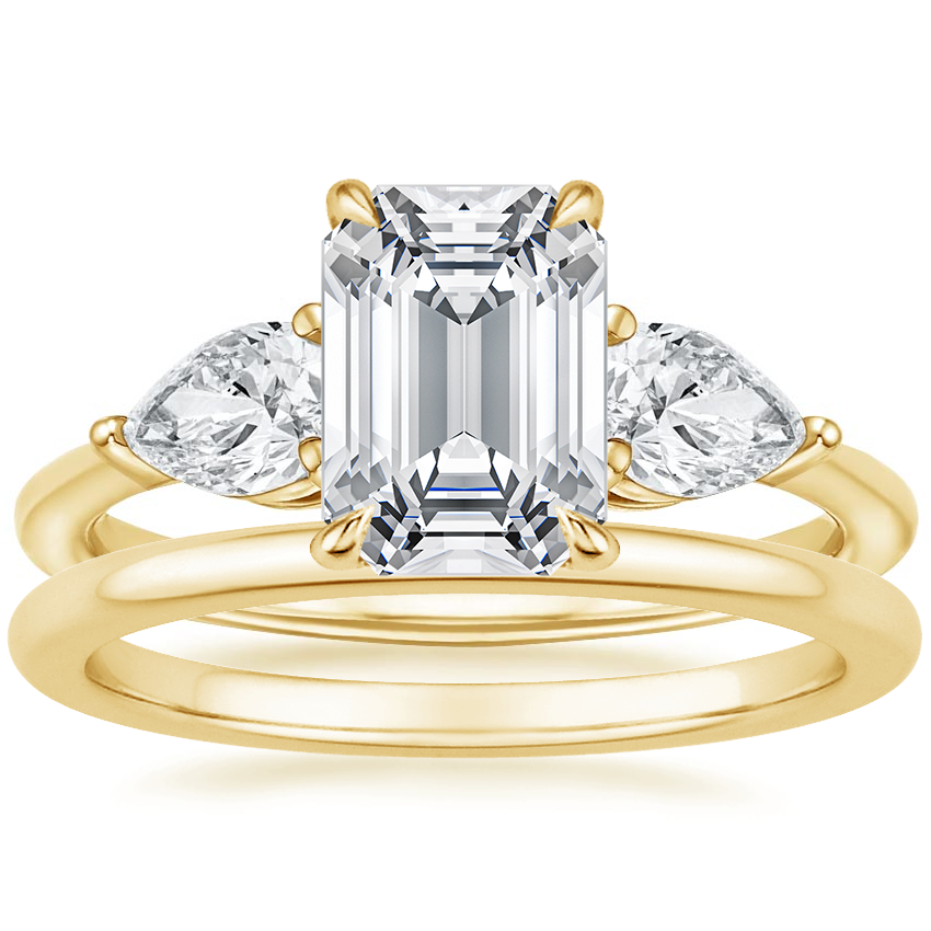 18K Yellow Gold Luxe Opera Three Stone Diamond Ring with Petite Comfort Fit Wedding Ring