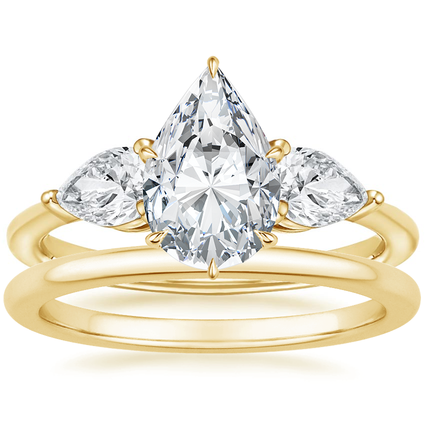 18K Yellow Gold Luxe Opera Three Stone Diamond Ring with Petite Comfort Fit Wedding Ring