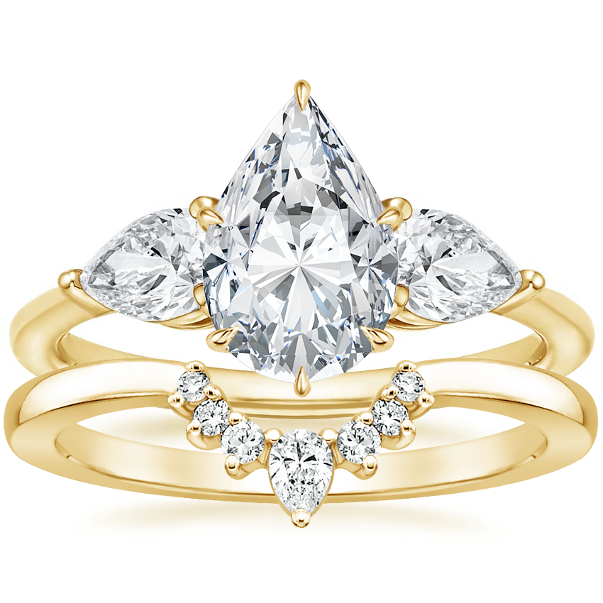 14K Yellow Gold Luxe Opera Three Stone Diamond Ring with Lunette Diamond Ring