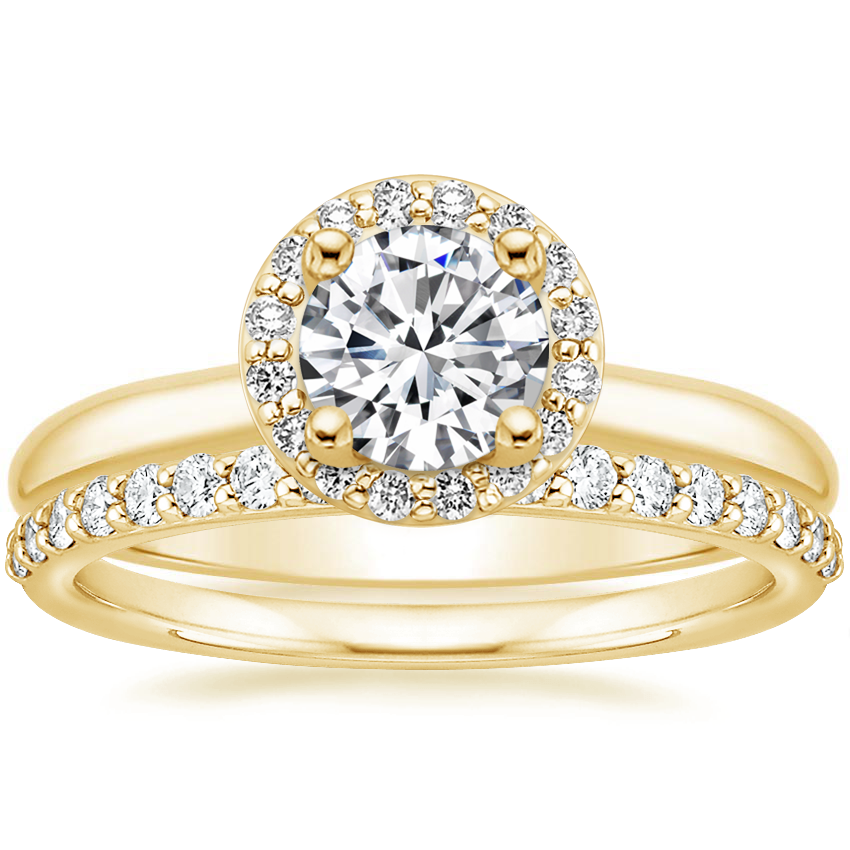 18K Yellow Gold Halo Diamond Ring (1/8 ct. tw.) with Petite Shared Prong Diamond Ring (1/4 ct. tw.)