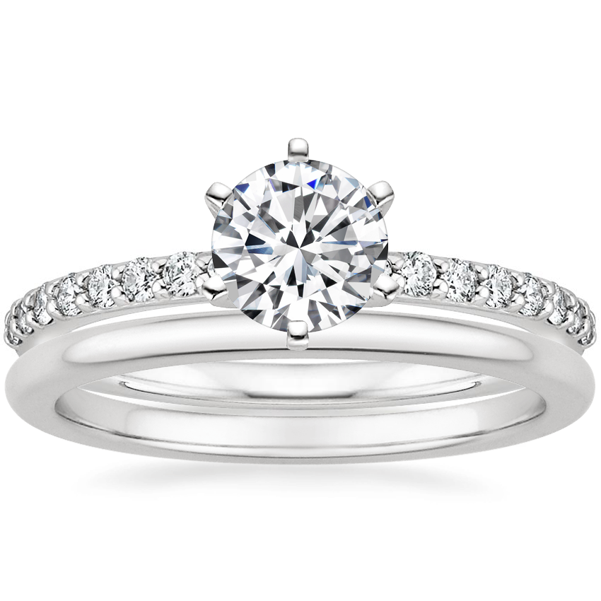 18K White Gold Six Prong Petite Shared Prong Diamond Ring (1/4 ct. tw.) with Petite Comfort Fit Wedding Ring