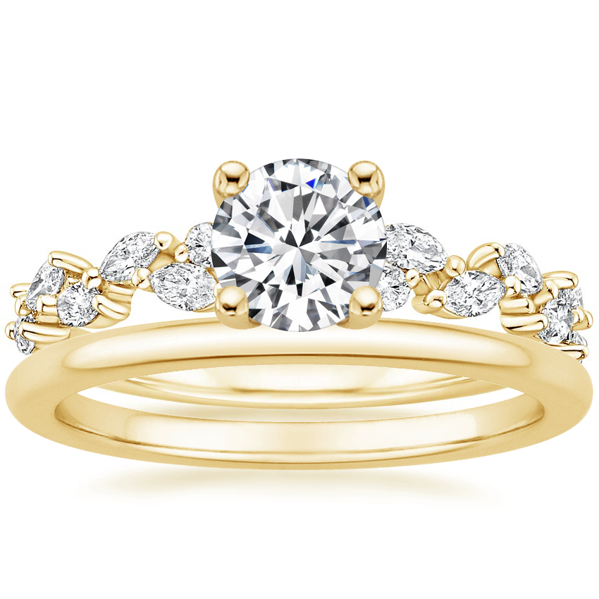 18K Yellow Gold Hyacinth Diamond Ring with Petite Comfort Fit Wedding Ring