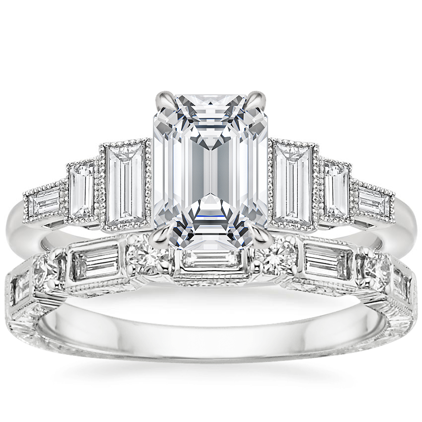 18K White Gold Adele Diamond Ring (1/3 ct. tw.) with Vintage Diamond Baguette Ring (1/3 ct. tw.)