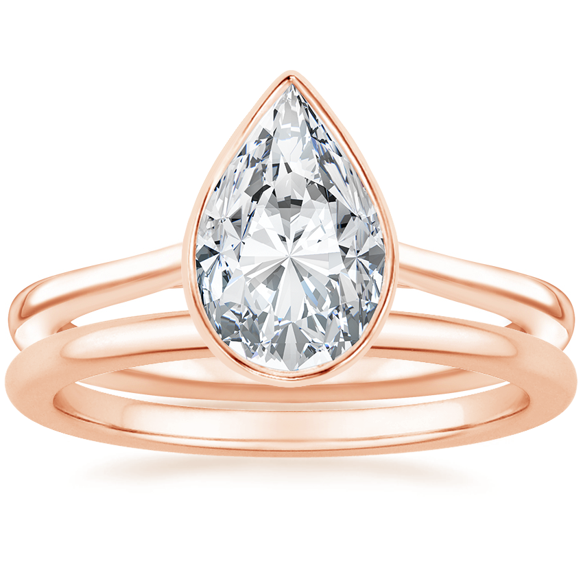 14K Rose Gold Petite Luna Bezel Ring with Petite Comfort Fit Wedding Ring