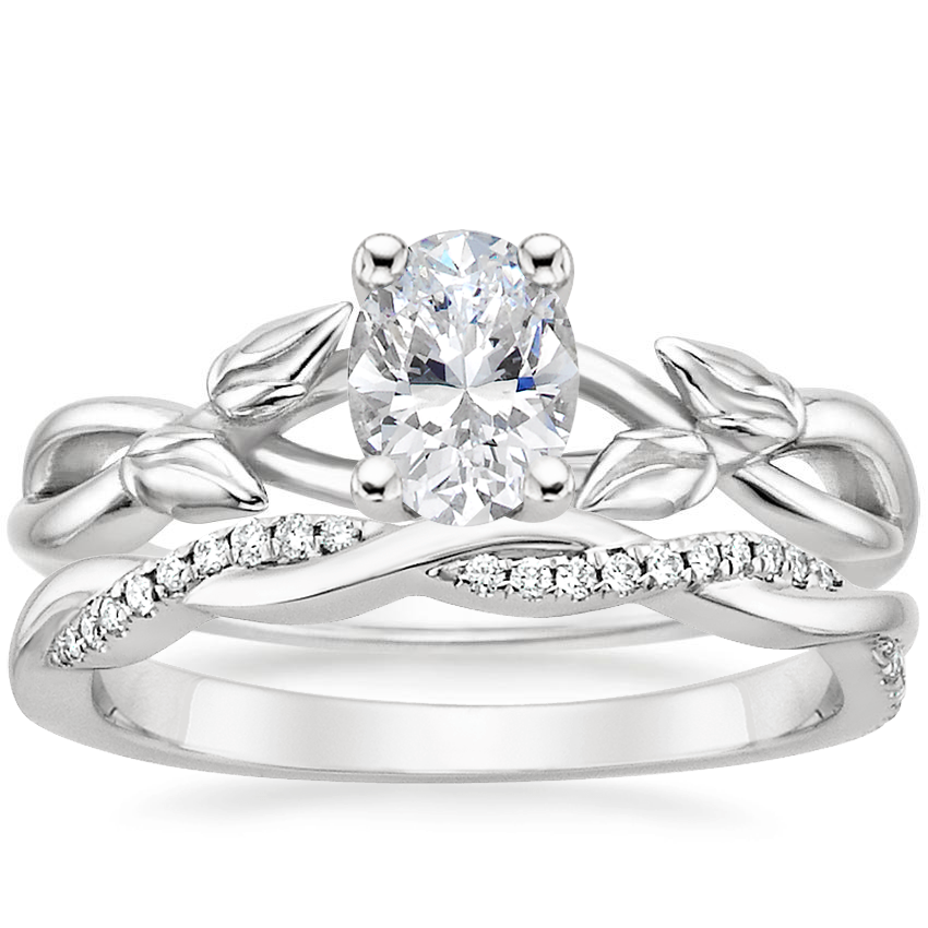 18K White Gold Budding Willow Ring with Petite Twisted Vine Diamond Ring (1/8 ct. tw.)