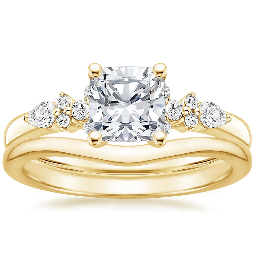 18K Yellow Gold Rosette Diamond Ring with Petite Curved Wedding Ring