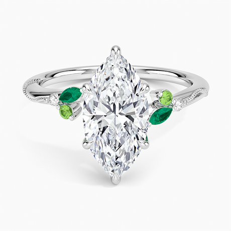 Platinum Camellia Milgrain Green Gemstone and Diamond Ring