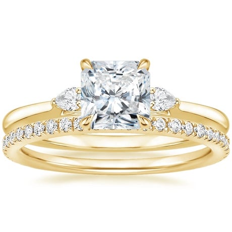 18K Yellow Gold Perfect Fit Three Stone Pear Diamond Ring with Luxe Ballad Diamond Ring