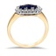 Three Stone Sapphire and Diamond Halo Ring, smallside view