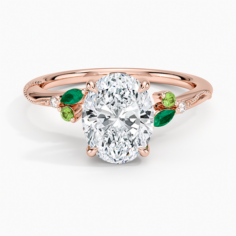 14K Rose Gold Camellia Milgrain Green Gemstone and Diamond Ring