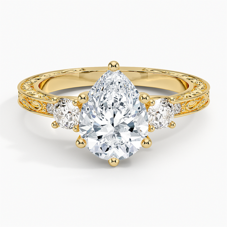 18K Yellow Gold Antique Scroll Engraved Three Stone Diamond Ring (1/3 ct. tw.)