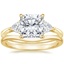 18K Yellow Gold Luxe Trillion Cut Three Stone Diamond Ring with Petite Curved Wedding Ring
