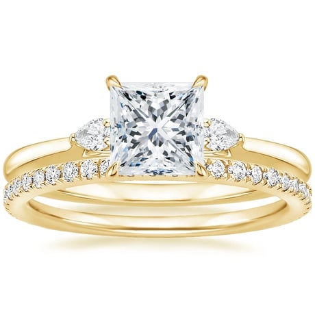 18K Yellow Gold Perfect Fit Three Stone Pear Diamond Ring with Luxe Ballad Diamond Ring