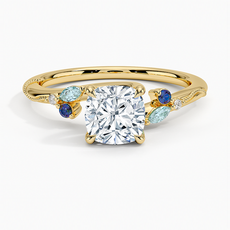 18K Yellow Gold Camellia Indigo Milgrain Ring