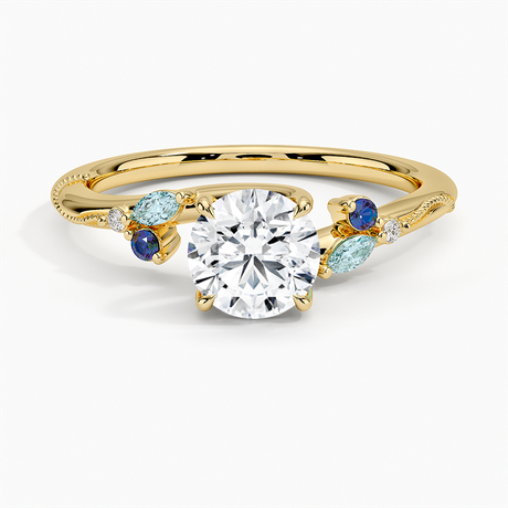 18K Yellow Gold Camellia Indigo Milgrain Ring