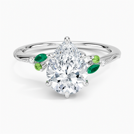 18K White Gold Camellia Milgrain Green Gemstone and Diamond Ring