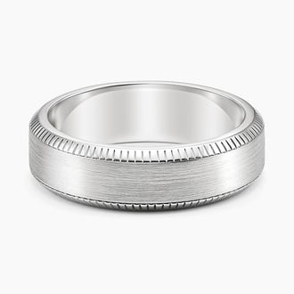 Engraved Beveled Edge Matte 6.5mm Wedding Ring in 18K White Gold