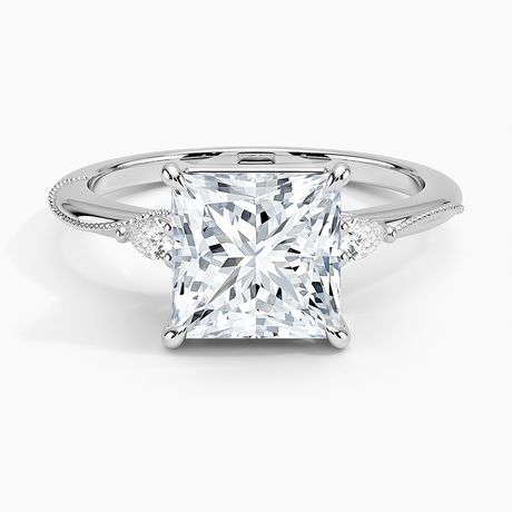 18K White Gold Camellia Three Stone Pear Diamond Ring