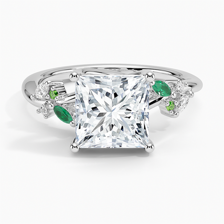18K White Gold Arden Diamond Ring with Lab Emerald Accents