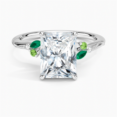 Platinum Camellia Milgrain Green Gemstone and Diamond Ring