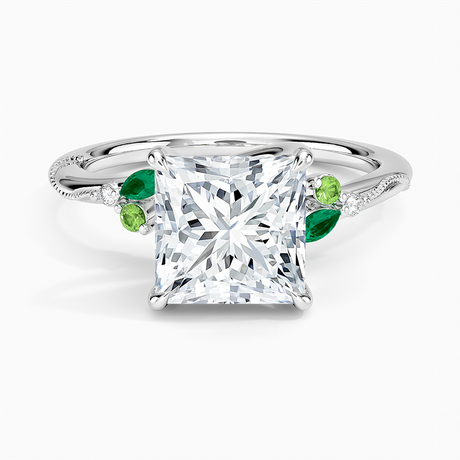 18K White Gold Camellia Milgrain Green Gemstone and Diamond Ring