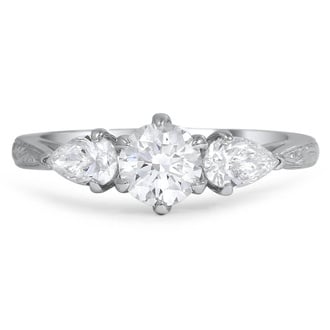 Custom Hand Engraved Three Stone Ring with Diamond Pear Accents